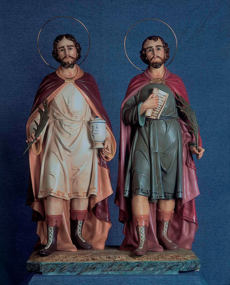Santos Cosme y Damián en imagen devocional para la novena