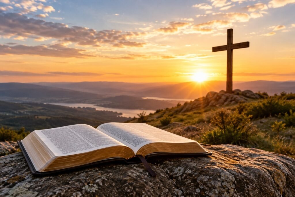 Biblia abierta y cruz al amanecer para las lecturas de la Exaltación de la Santa Cruz