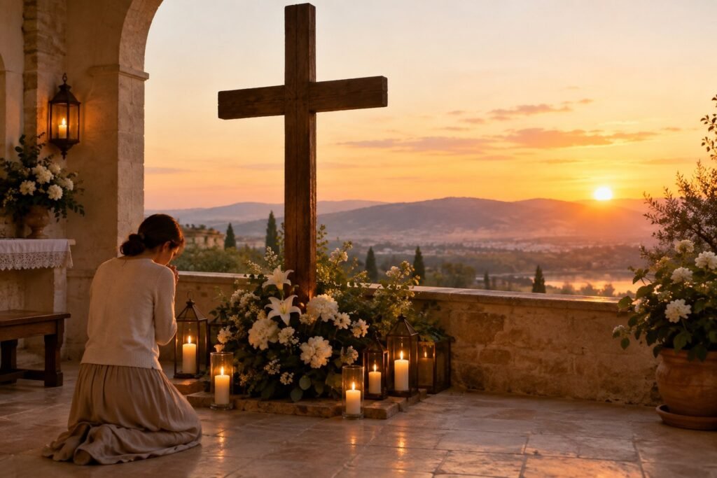 Persona en oración ante la cruz al amanecer para la oración del 14 de septiembre de 2026
