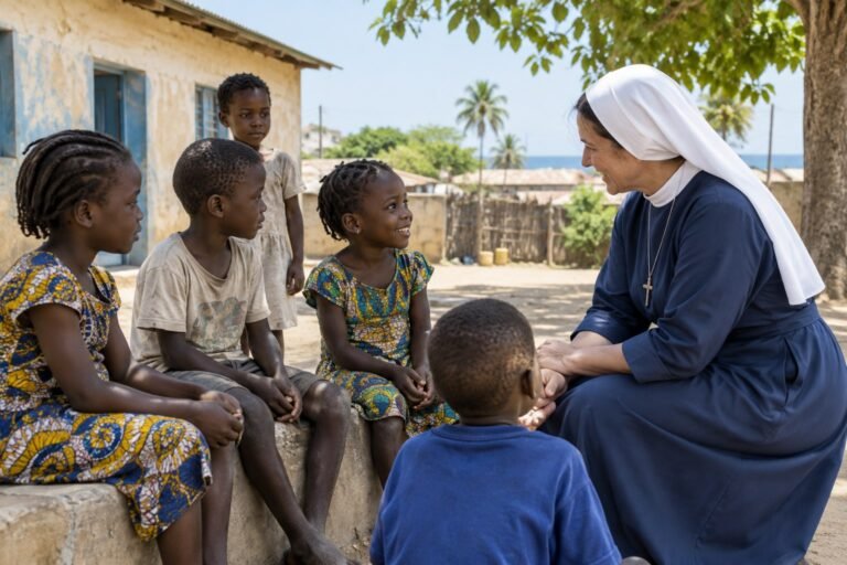 Religiosa católica acompañando a niños necesitados en Senegal